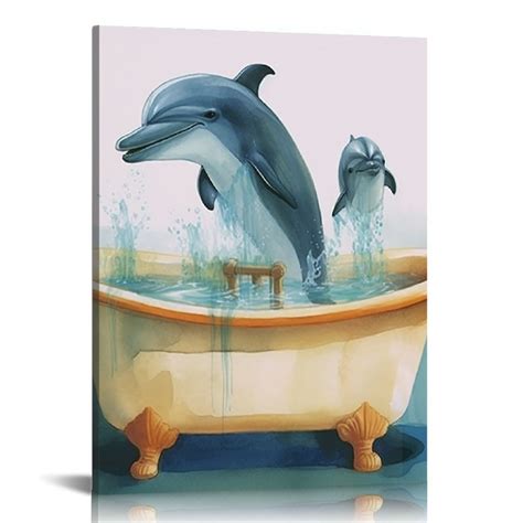 comio funny dolphin bathroom canvas wall art cute blue watercolour