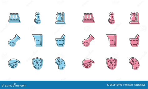 Set Line Test Tube And Flask Chemical Radioactive In Shield Human