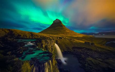 Iceland Mountains Rock Environment Waterfall Landscape Non Urban