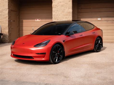 Tesla Model 3 Satin Smoldering Red Wrap - Mile High Customs