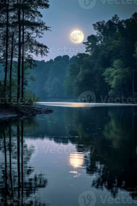 Photo of lake with moon reflection. AI generative 25205273 Stock Photo ...