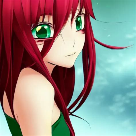 Portrait Of An Anime Girl With Red Hair And Green Eyes Stable Diffusion