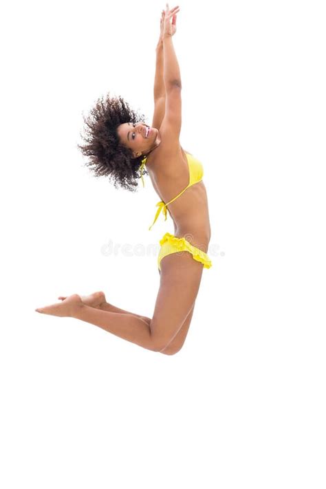 Fit Girl Yellow Bikini Jumping Smiling Camera Stock Photos Free