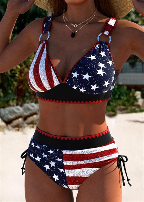 High Waisted American Flag Print Multi Color Bikini Set Rosewe Usd