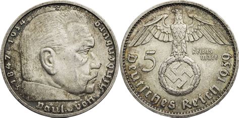 Drittes Reich 5 Reichsmark 1939 J Hindenburg Kursmünze 1936 1939 VF