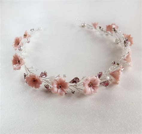 Wedding headband for bride with pink flowers crystals and | Etsy