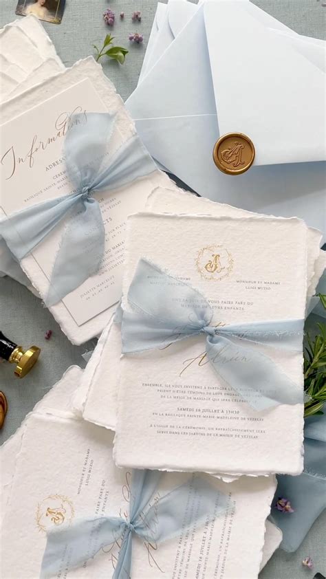 Light Blue Envelopes Handmade Paper Wedding Invitations Silk Ribbons