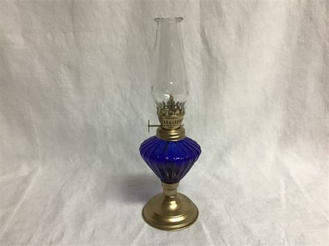 Small Antique Oil Lamp With Chimney Blue Glass Etsy