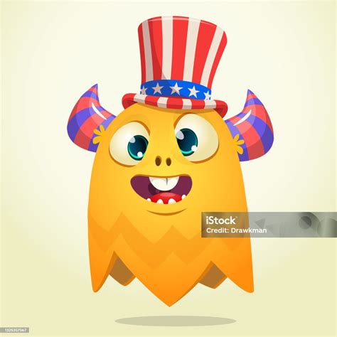 Kartun Monster Lucu Mengenakan Topi Paman Amerika Sam Pada Hari