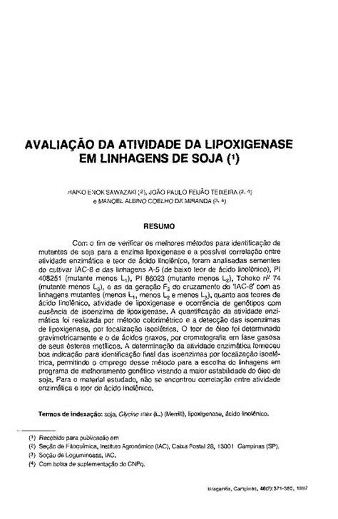 PDF Avaliação da atividade da lipoxigenase em linhagens de soja