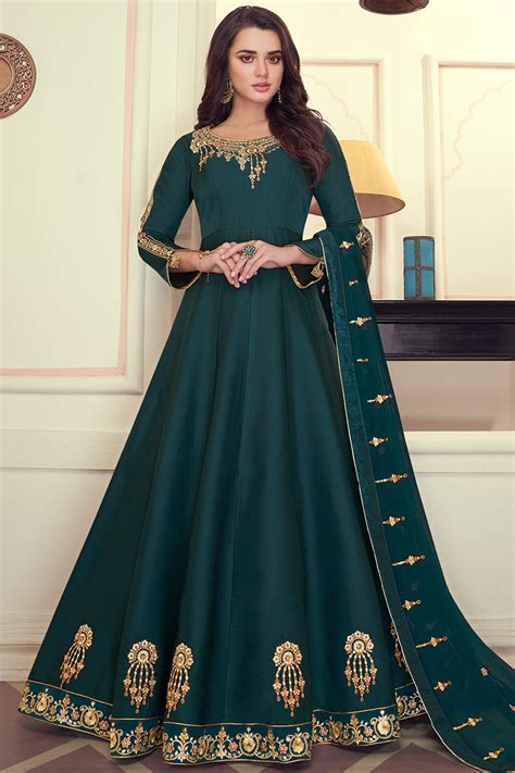 Buy Muslin Silk Party Wear Anarkali Suit In Dark Peacock Green Color