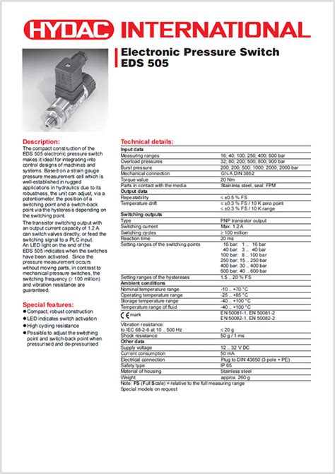 Hydac Electronic Pressure Switch Eds Hyquip Limited