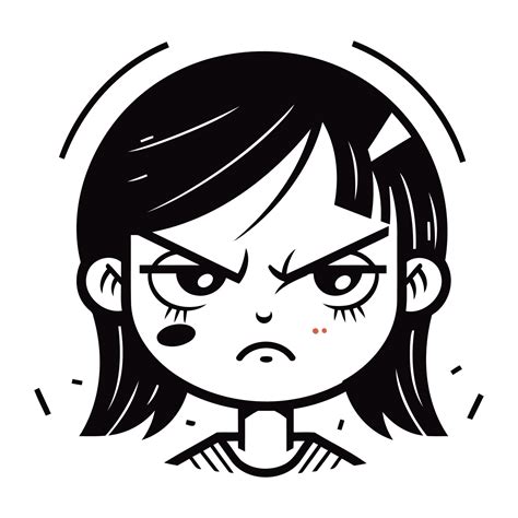 Angry girl face vector illustration in cartoon style. Black and white angry girl face icon ...