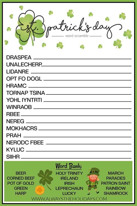 St Patrick S Day Word Scramble Printable With Answers Included