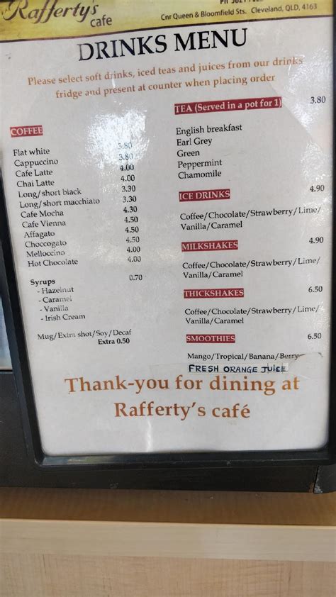 Menu At Raffertys Cafe Cleveland Cnr Bloomfield St And