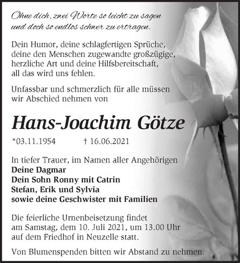 Traueranzeigen von Hans Joachim Götze Märkische Onlinezeitung