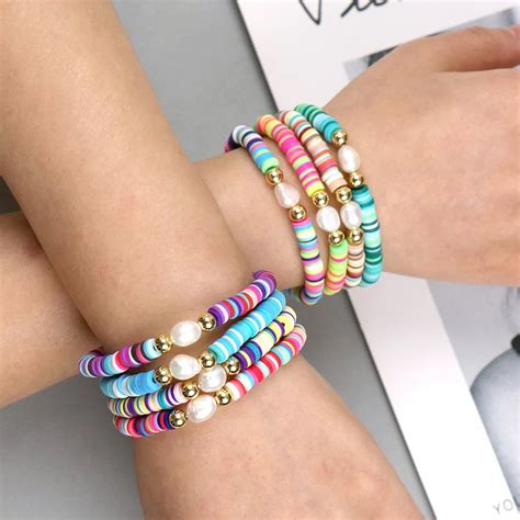 Clay Bead Bracelet Ideas Colorful Diy Aesthetic Stretch Rope Jewelry With Pearl For Girl Women