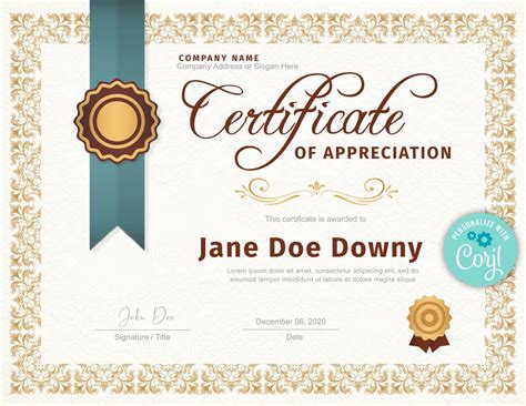 Editable Certificate Of Appreciation Template Certificate Of Recognition Certificate Of