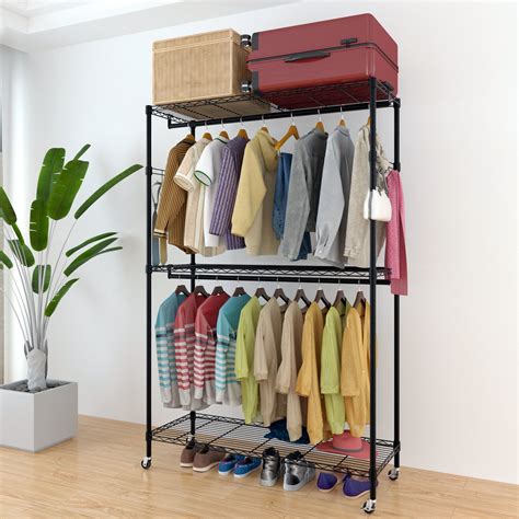 Ktaxon Heavy Duty Rolling Rack Double Rod Closet Adjustable Shelves