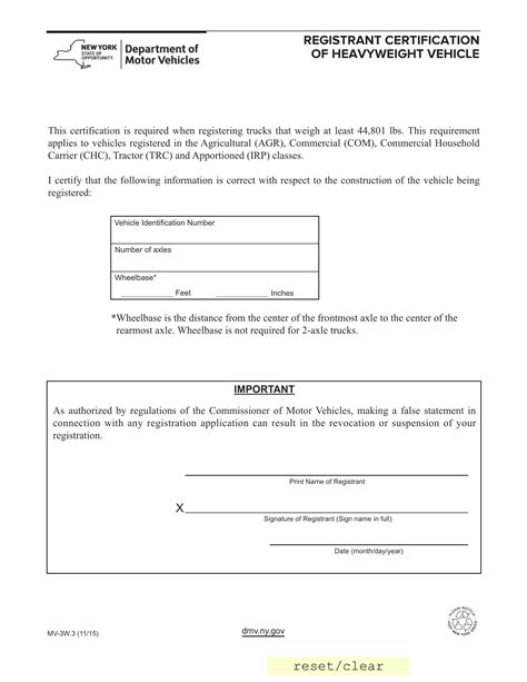 NYS DMV Form MV 3W 3 Registrant Certification Of Heavyweight Vehicle