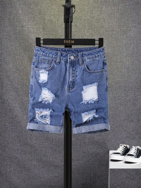 Shein Chico Preadolescente Shorts En Mezclilla Desgarro Crudo Bajo De