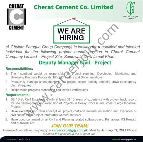 Cherat Cement Company Ltd Jobs Deputy Manager Civil Projects