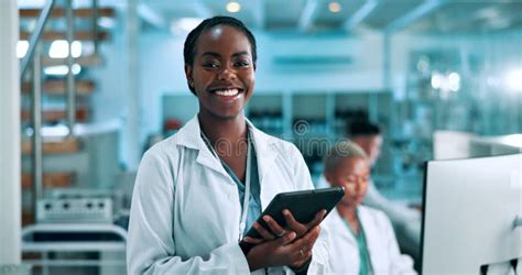 Smile Tablet And Portrait Of Black Woman In Laboratory For Medical Research Pharmaceutical Or