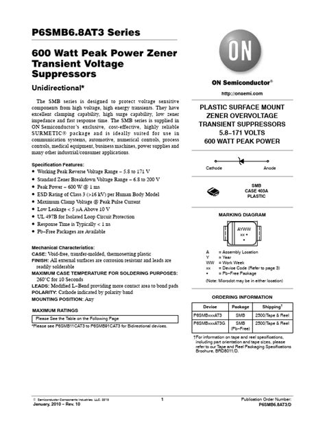 P Smb At G Datasheet Watt Peak Power Zener Transient Voltage