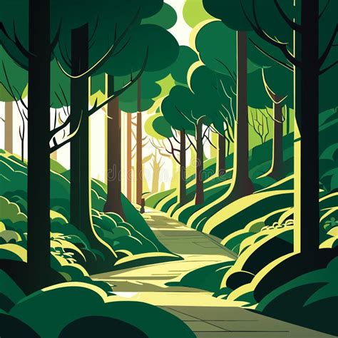 Forest Path with Trees and Bushes. Vector Illustration in Cartoon Style ...