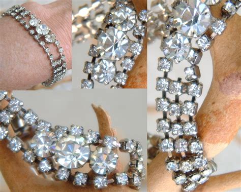 Vintage Clear Rhinestone Bracelet 3 Rows Round Prong Set Bracelets