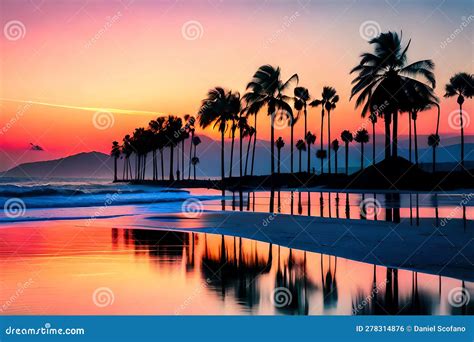 Abstract Futuristic Sunset Lit Up With Neon Rays Shadowy Coconut Palms