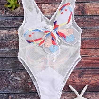 Embroidered Mesh One Piece Lingerie Swimsuit White S On Luulla