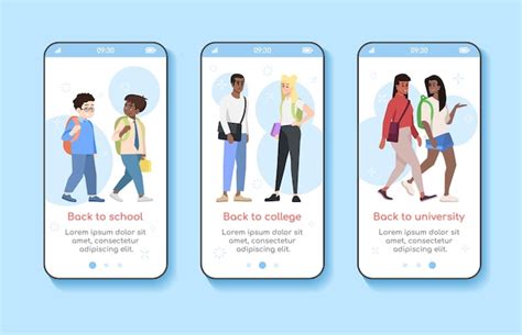 9월 1일 모바일 앱 화면 벡터 템플릿 온보딩 학교 대학 대학으로 돌아갑니다 평면 문자로 웹 사이트 단계를 안내합니다