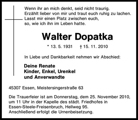 Traueranzeigen Von Walter Dopatka Trauer In Nrw De