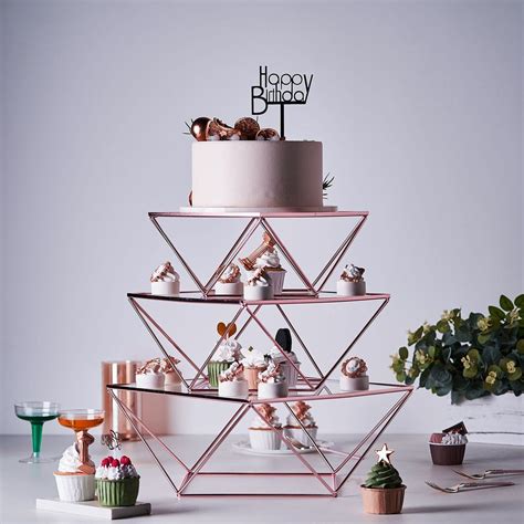 Set Of 3 Rose Gold Metal Geometric Cake Stand Rose Gold Cake Riser