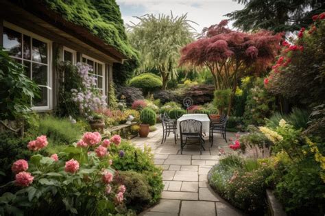 Patio With View Of Tranquil Garden Surrounded By Blooming Flowers And