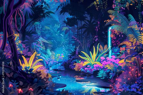 Bioluminescent River In Forest With Vibrant Vaporwave Jungle Flora