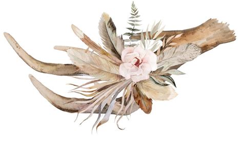 Watercolor Deer Antlers With With Tropical Leaves And Flowers Bouquet