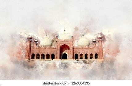 Badshahi Mosque Watercolor Sketch Illustration Badshahi