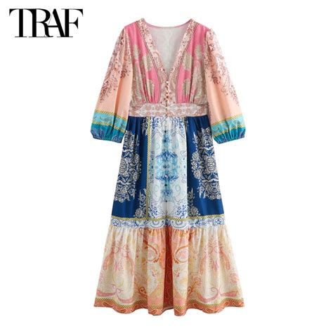 TRAF 2024 Pleated Maxi Dress Women Print Boho Long Dress Woman Puff