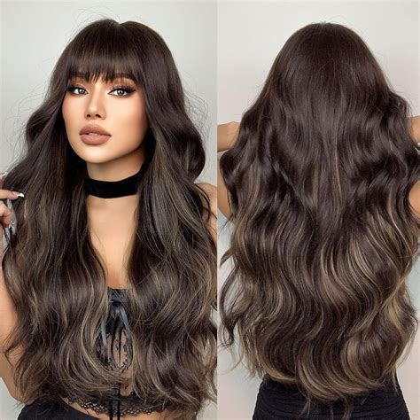 Emmor Ombre Brown Wigs For Women Long Curly Wigs With Bangs Wave Heat Resistant