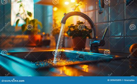 Water Flowing Out Of A Kitchen Stainless Steel Tap Into The Sink Water