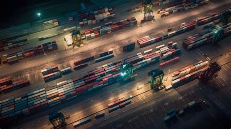 Aerial View Of A Cargo Port At Night With Rows Of Shipping Containers