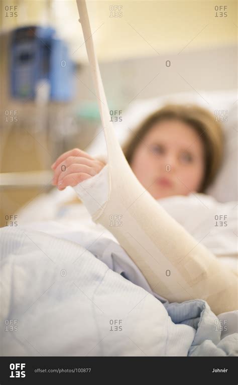 Girl With Broken Arm In Hospital Bed Stock Photo Offset