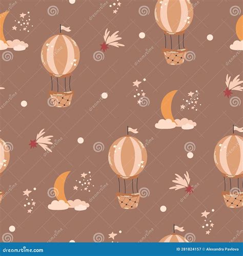 Cute Hot Air Balloons Seamless Pattern Hand Drawn Balloons Clouds Moon And Stars In
