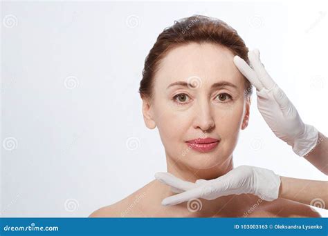 Middle Age Woman Getting Spa Treatment Face Massage Anti Aging Botox