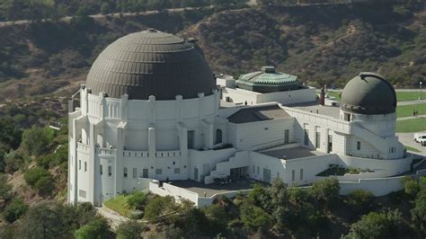 5K stock footage aerial video of a view of the Griffith Observatory in ...