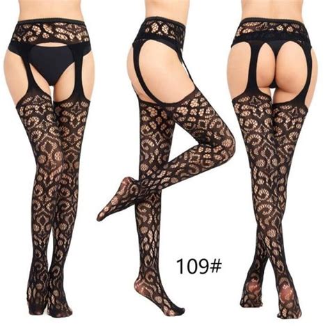 Bas Lingerie Sexy Pour Femmes Maille Entrejambe Ouvert Culotte