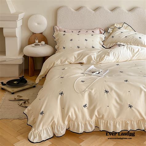 Silky Ribbon Ruffle Bedding Set Cream White Best Stylish Bedding Ever Lasting