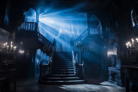 Spooky Castle Hall Interior with Stairs Under Moon Light. Generative AI Stock Image - Image of ...